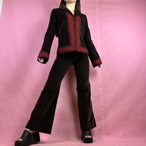 Vintage Tory Burch Brown Velvet Embroidered 2pc Suit Set Boho Bell Sleeve Sz 0